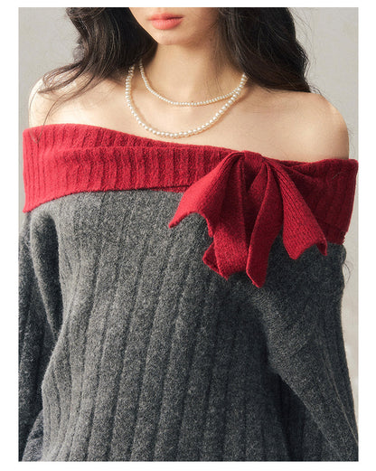 少也眼 "Snowbound Memories" Off-Shoulder Color-Block Knit Mini Dress