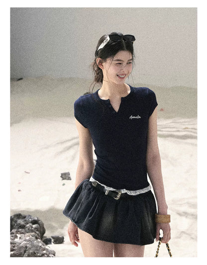 "Letter from the Tides" Navy Blue Faux Two-Piece Lace Waist-Fit Crop Top 452436