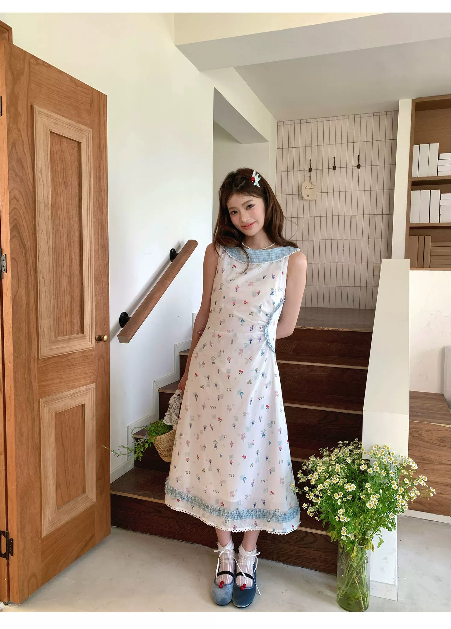 “Blue Meadow Letter” Misty Blue Floral Maxi Dress