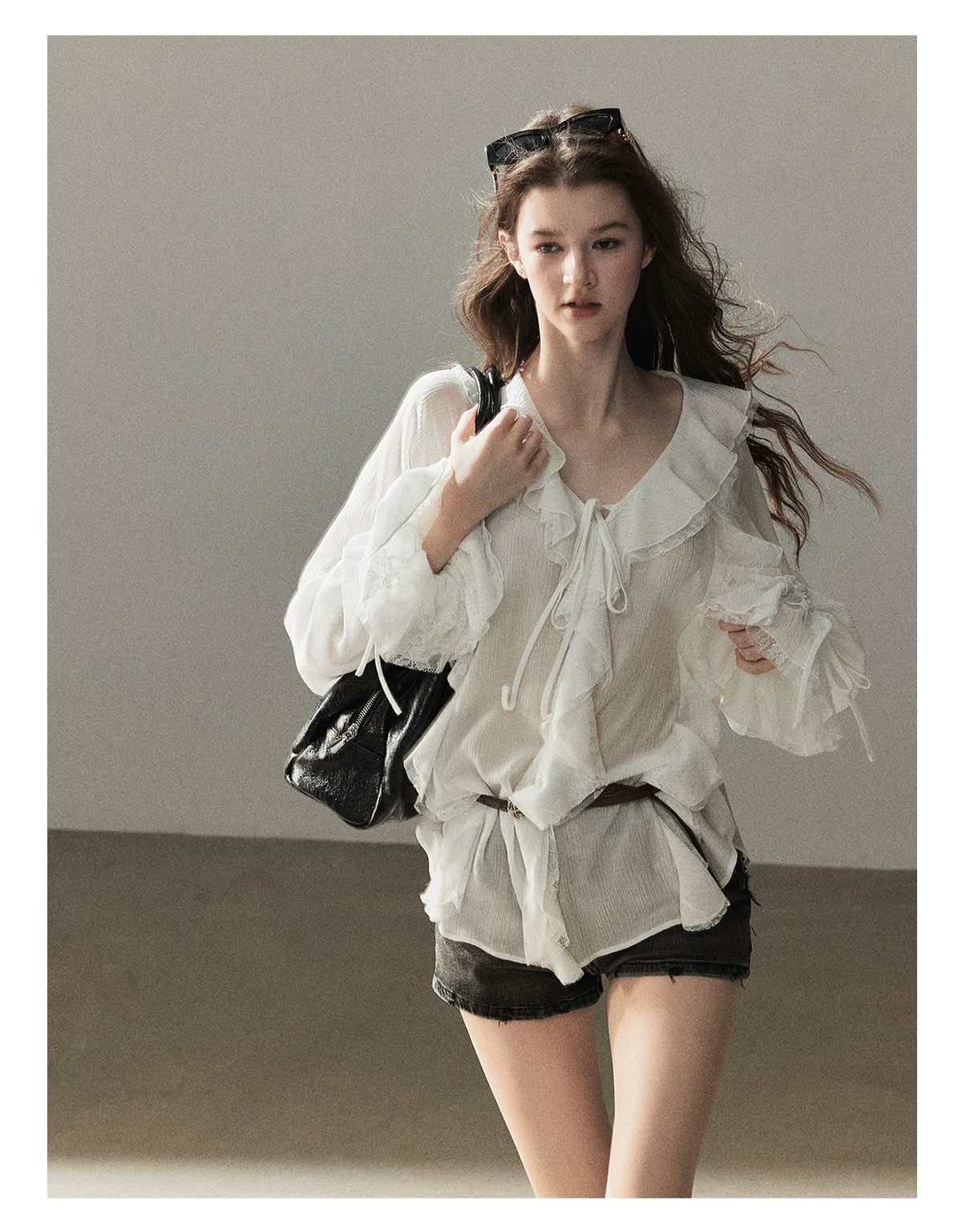 AOMALM - "A Featherlight Touch" French Camellia White Lace Chiffon Top with Belt (Camellia / Oatmeal / Cinnamon Pink)