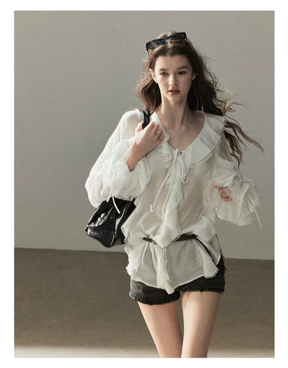 AOMALM - "A Featherlight Touch" French Camellia White Lace Chiffon Top with Belt (Camellia / Oatmeal / Cinnamon Pink)