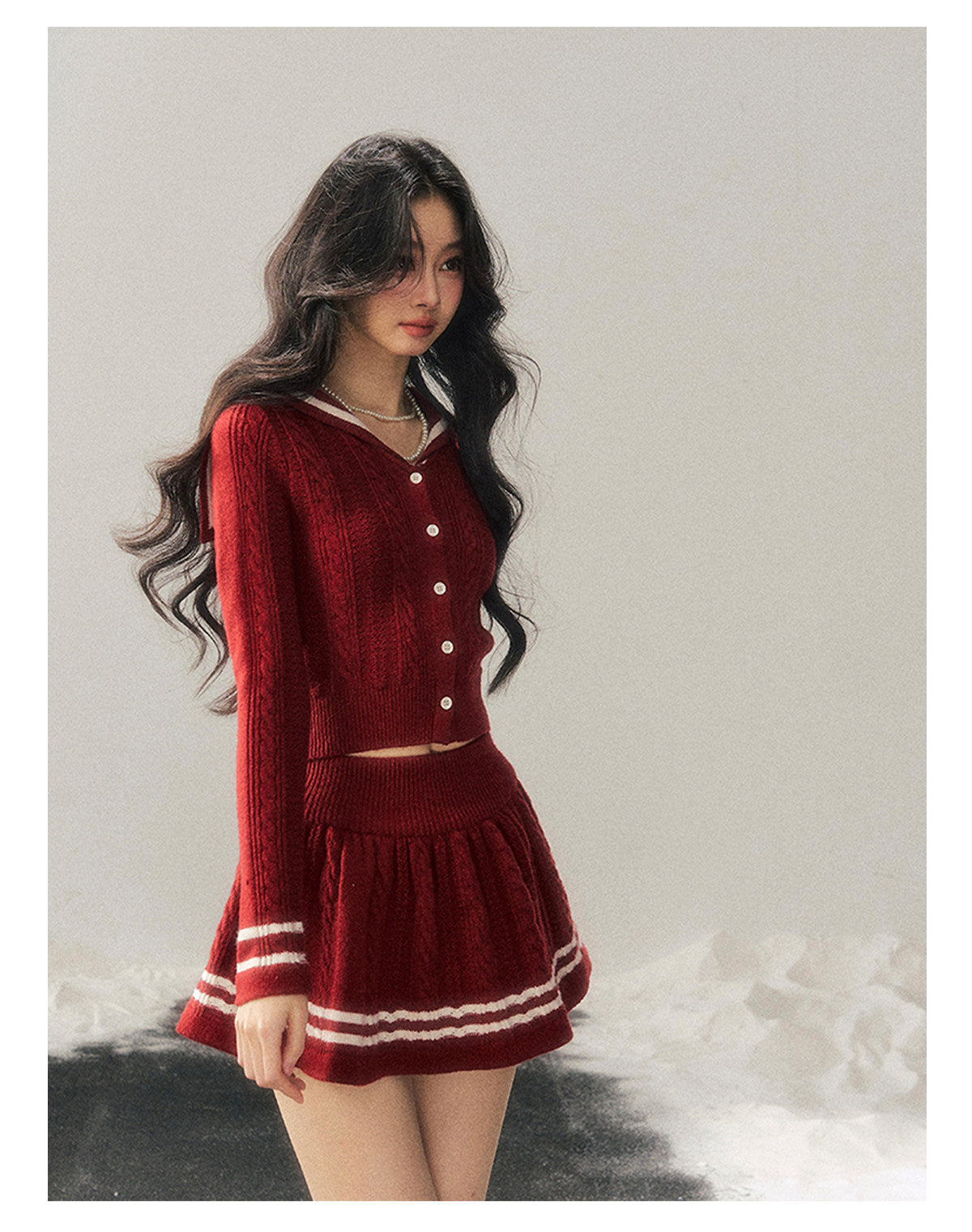少也眼 "Whispers of the Evening Breeze" Collegiate Red Knit Two-Piece Set