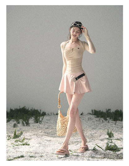 “Soft Evening Breeze” Milk Tea Layered Halter Top