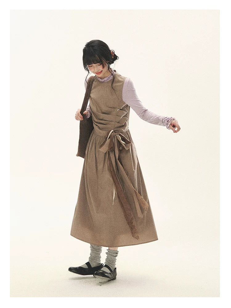 "Cream Cocoa" Cream Cocoa Ruched Bow Pinafore Maxi Dress