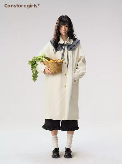 [CAN] “Oat Check Collar” Apricot Bow Cape Collar Trench Coat