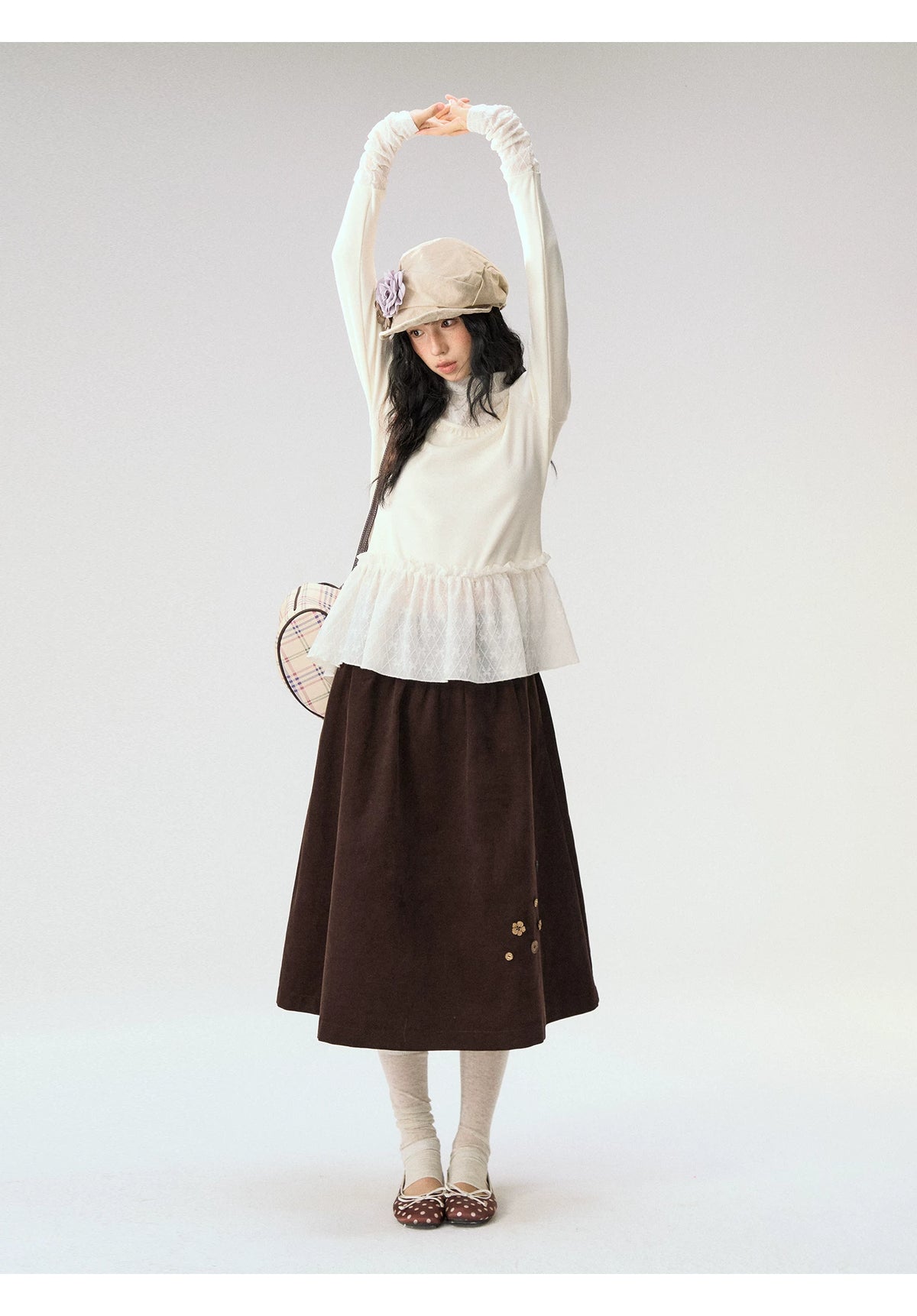 [CAN] “Cream Cloud” Ivory Lace Ruffle High-Neck Top