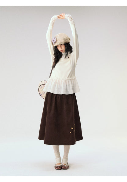 [CAN] “Cream Cloud” Ivory Lace Ruffle High-Neck Top