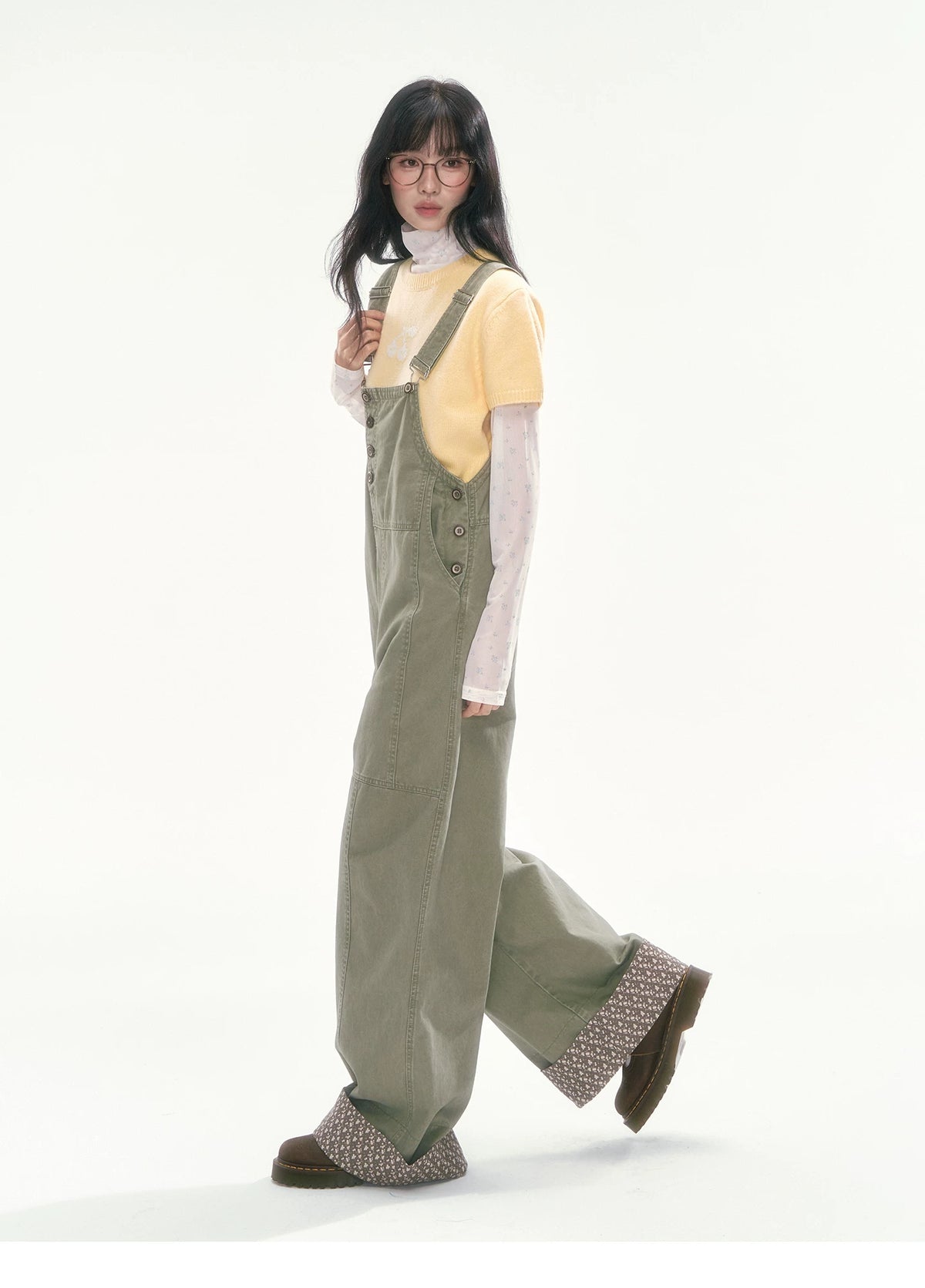 [CAN] Olive Green Floral-Trim Cargo Overalls