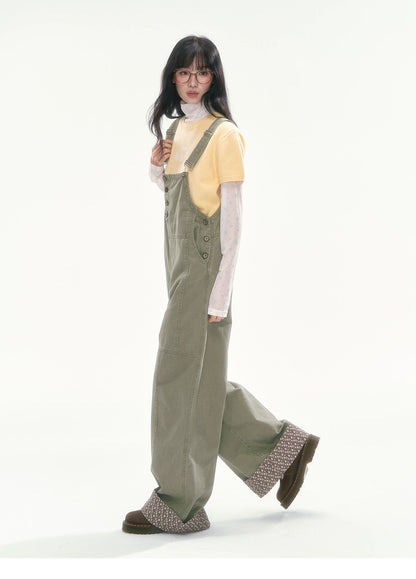 [CAN] Olive Green Floral-Trim Cargo Overalls