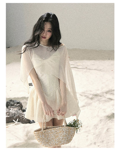 "Veiled in Mist" Cream Apricot Puff Mini Dress & Chiffon Shawl Set 5348