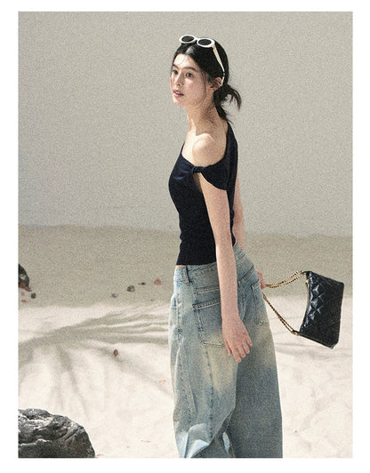 "Shape of the Wind" Navy Blue One-Shoulder Twist Crop Top 6556585