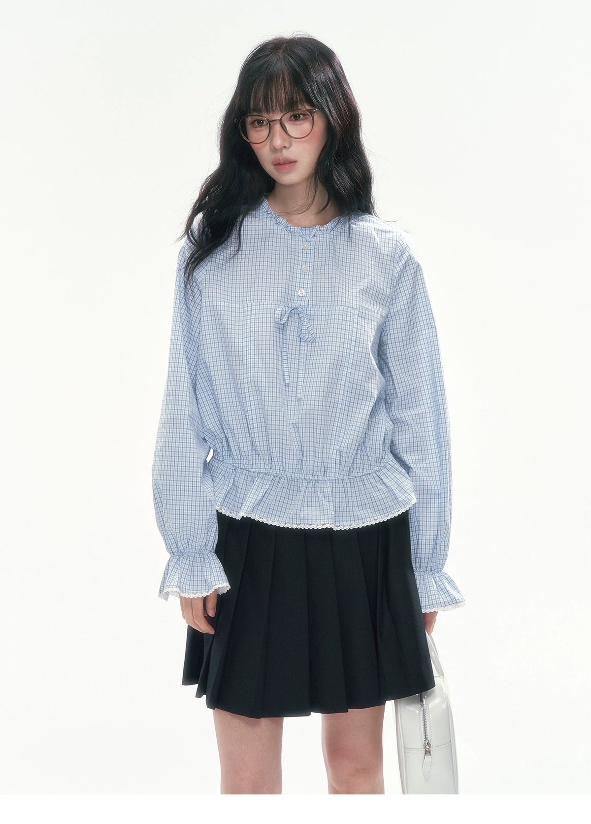 [CAN] Blue Plaid Lace-Trim Bow Tie Blouse
