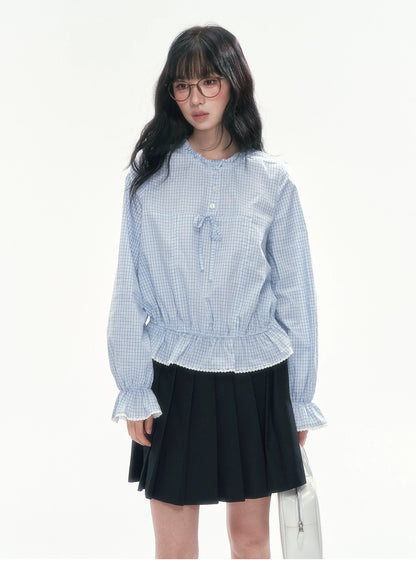 [CAN] Blue Plaid Lace-Trim Bow Tie Blouse