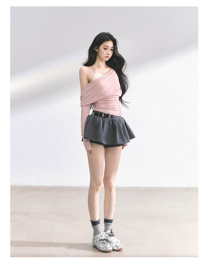 少也眼 "Soft Whisper" Korean Asymmetric Dual-Layer Off-Shoulder Top - Pink