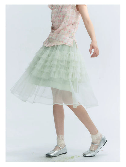 "Lime Mille-Feuille Glow" Peach Mist Chinese-Inspired Short Sleeve Top & Lime Green Tulle Tiered Skirt Set