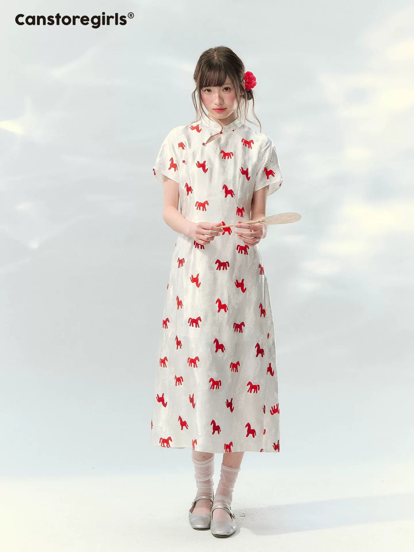 “Crimson Steed Reverie” Red Embroidered Cheongsam Dress LL2026165