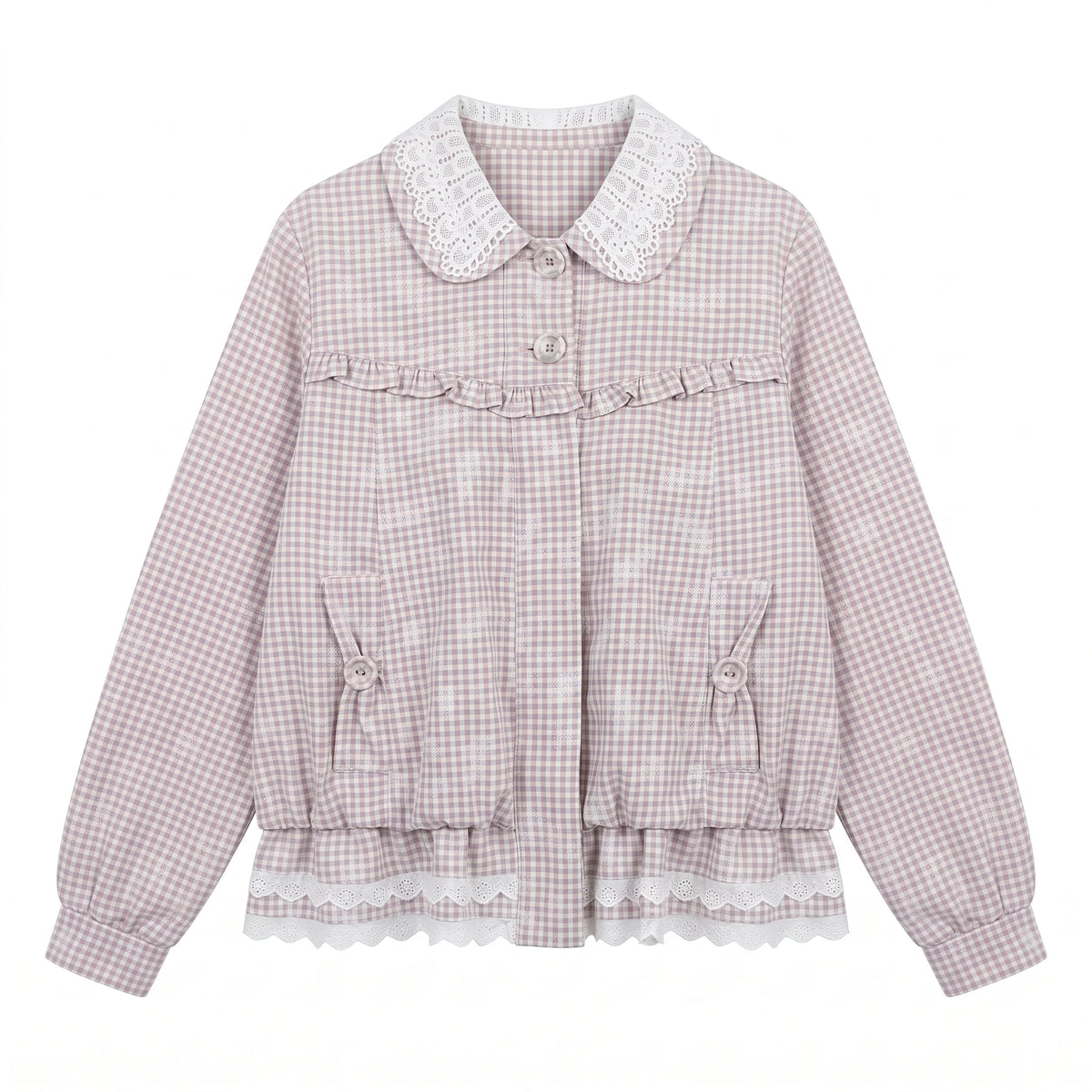 [RF] “Cream Garden Reverie” Light Purple Plaid Ruffle Lace-Trim Jacket