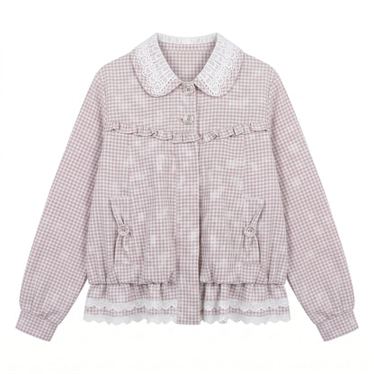 [RF] “Cream Garden Reverie” Light Purple Plaid Ruffle Lace-Trim Jacket