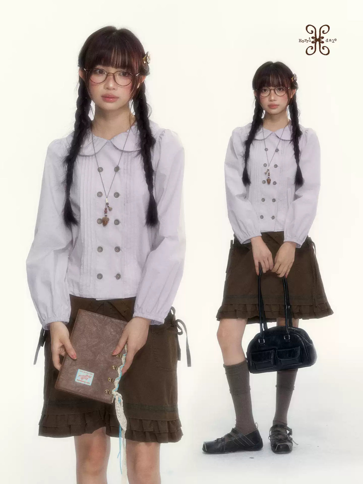 “Academy Melody” Navy Plaid & Dusty Purple Peter Pan Collar Cotton Shirt (Navy Plaid / Dusty Purple)