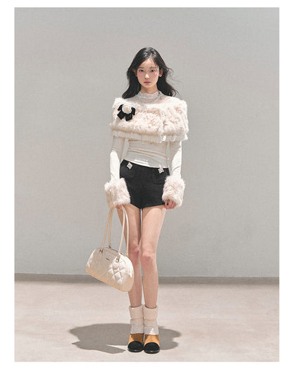 少也眼 “Snow-Melt Whispers” Milky White Lace Mesh Fur Top