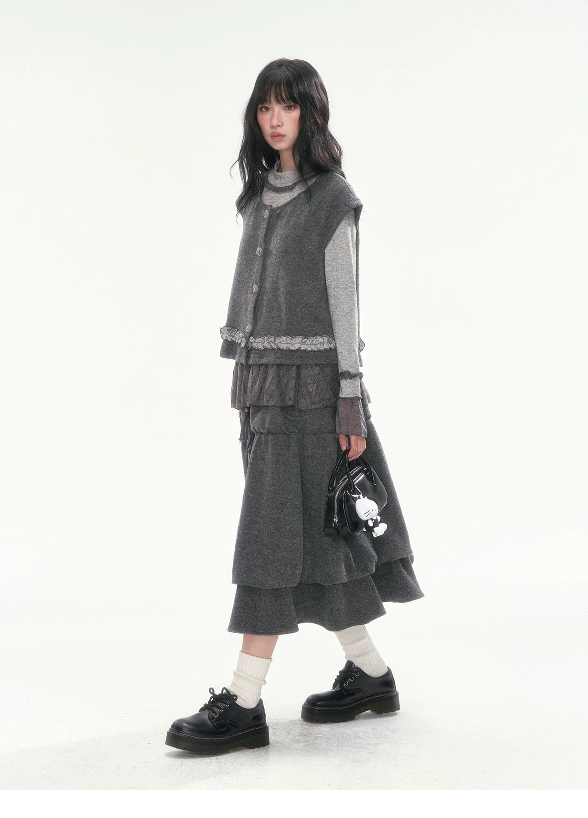 [CAN] Dark Gray Tiered Wool-Blend Midi Skirt