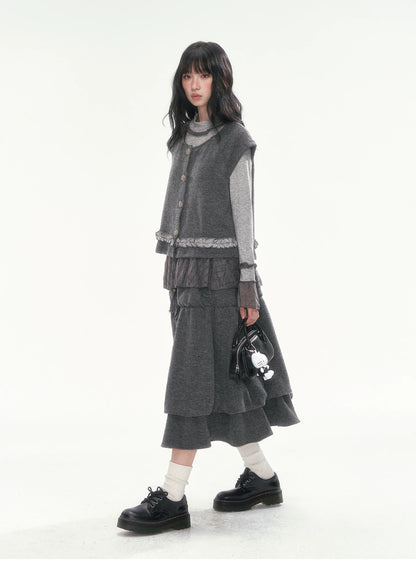 [CAN] Dark Gray Tiered Wool-Blend Midi Skirt