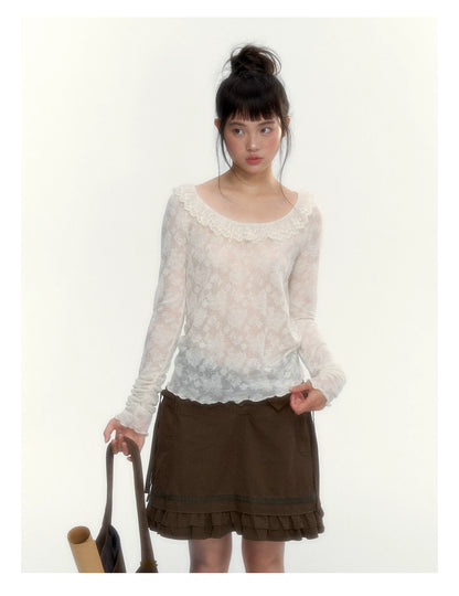 “Everyday Mist” Jacquard Lace Layering Top ( Ivory / Fog Gray )