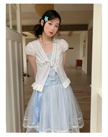 [RF] “Sweet Bluebell” Light Blue Plaid Lace-Trim Three-Piece Set