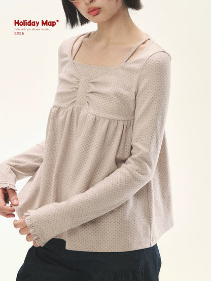 "Sweet Favorite" Polka Dot Faux-Layer Bow Knit Top (Gray Brown/ Blush Pink)