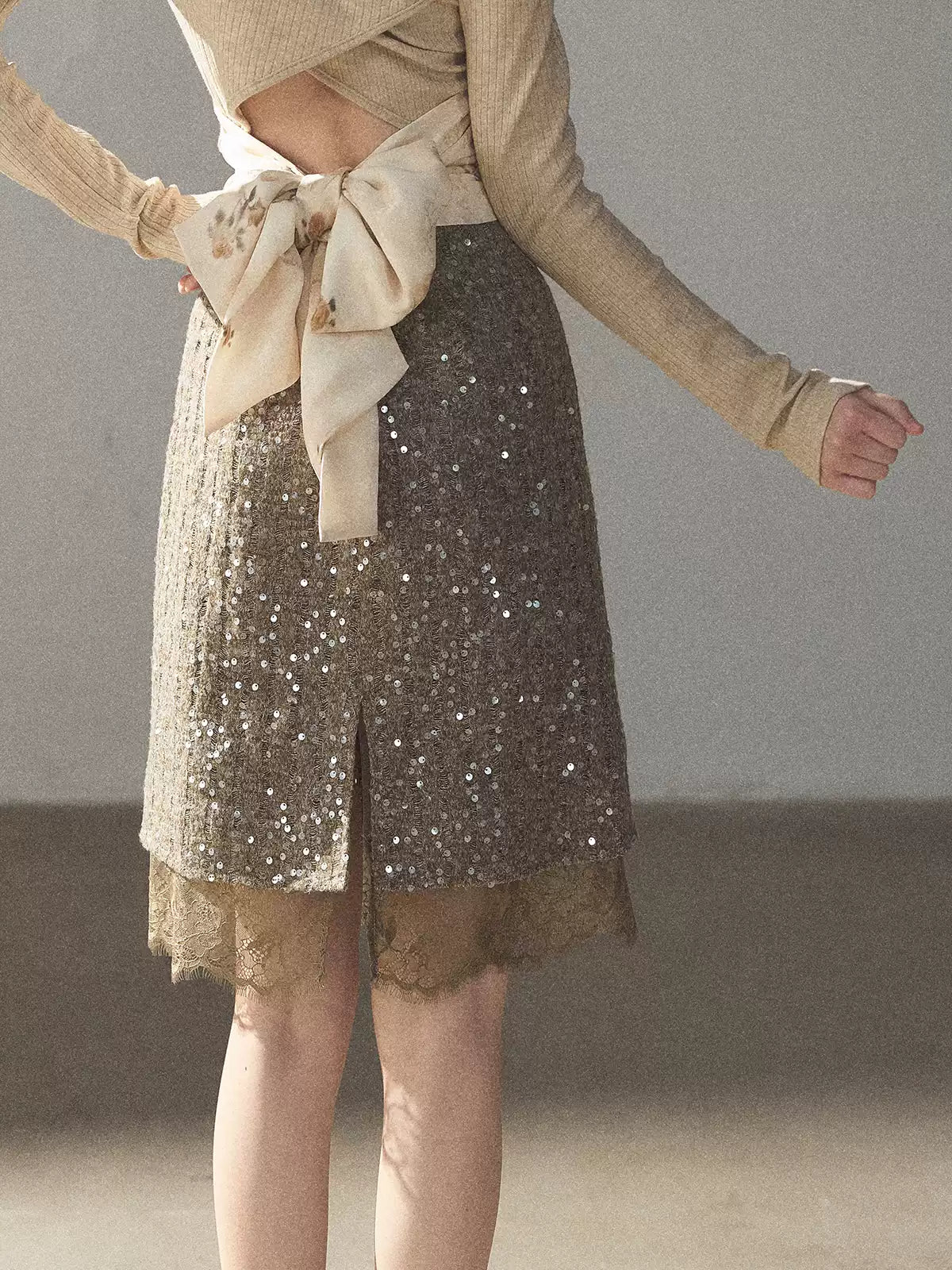 AOMALM - Gray Taupe Brown Sequin Lace Midi Skirt