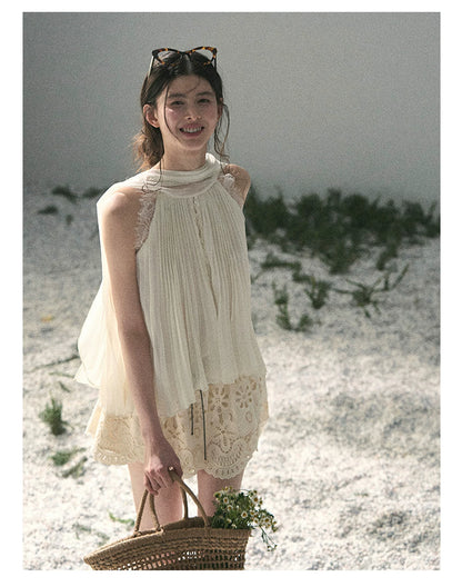 “Summer Light Through Pleats” Ivory Lace Pleated Halter Blouse