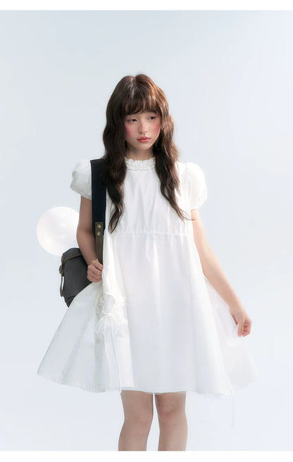 "Puff Doll Dress" Ruffle Trim Puff Sleeve Cotton A-Line Dress (White/ Black)