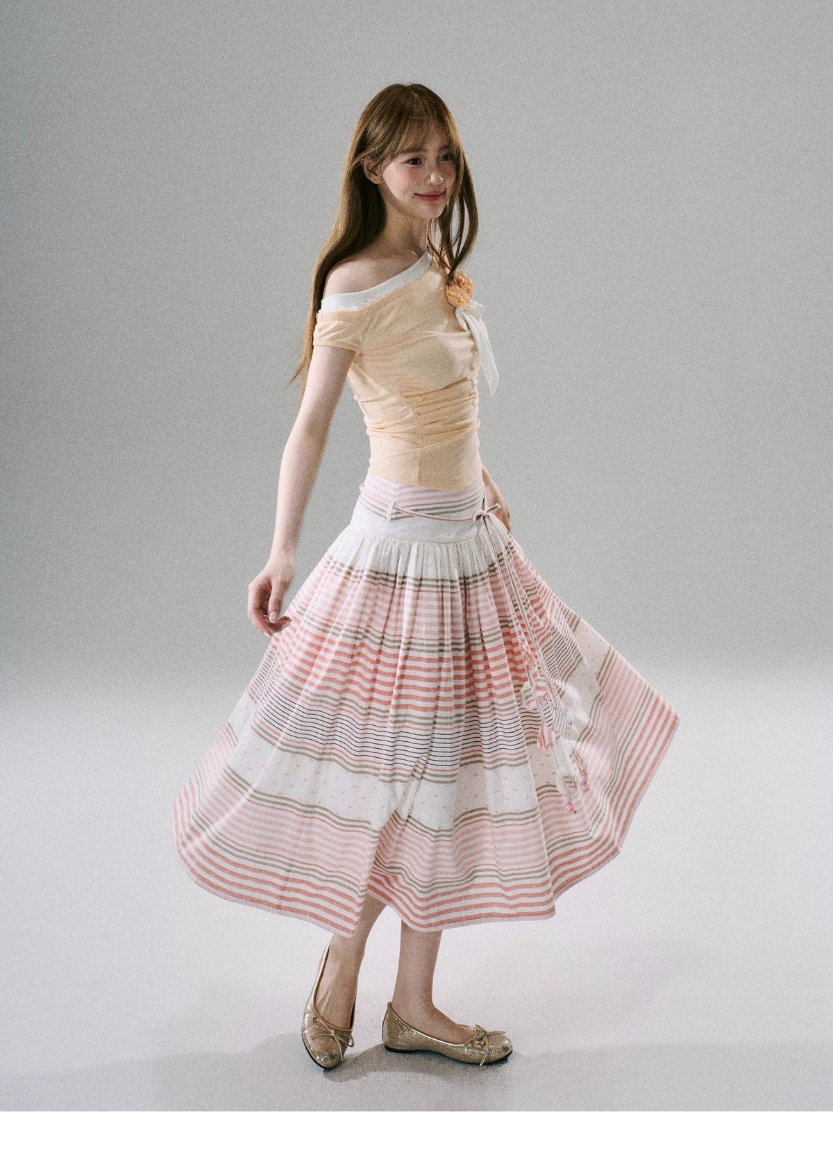 LOST FOREST - Flower Belt Striped Midi Dress (Natural Hemp / Blue Stripe / Orange Stripe)