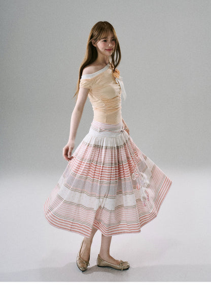 LOST FOREST - Flower Belt Striped Midi Dress (Natural Hemp / Blue Stripe / Orange Stripe)
