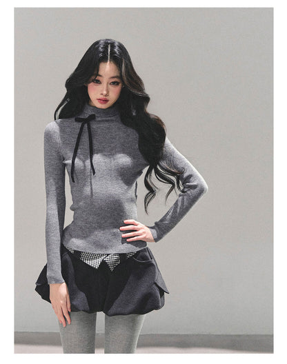 少也眼 “Velvet Touch” Semi-Turtleneck Long Sleeve Knit Top - Gray 586255478