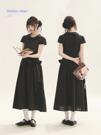 "Vintage Scholar" Black Brown Plaid Bow Tie Peter Pan Collar Maxi Dress