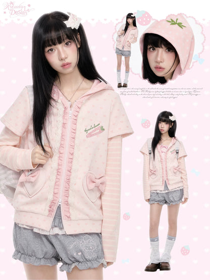 KYOUKO - Pink Hooded Zip-Up Jacket & Gray Ruffle Pants Set