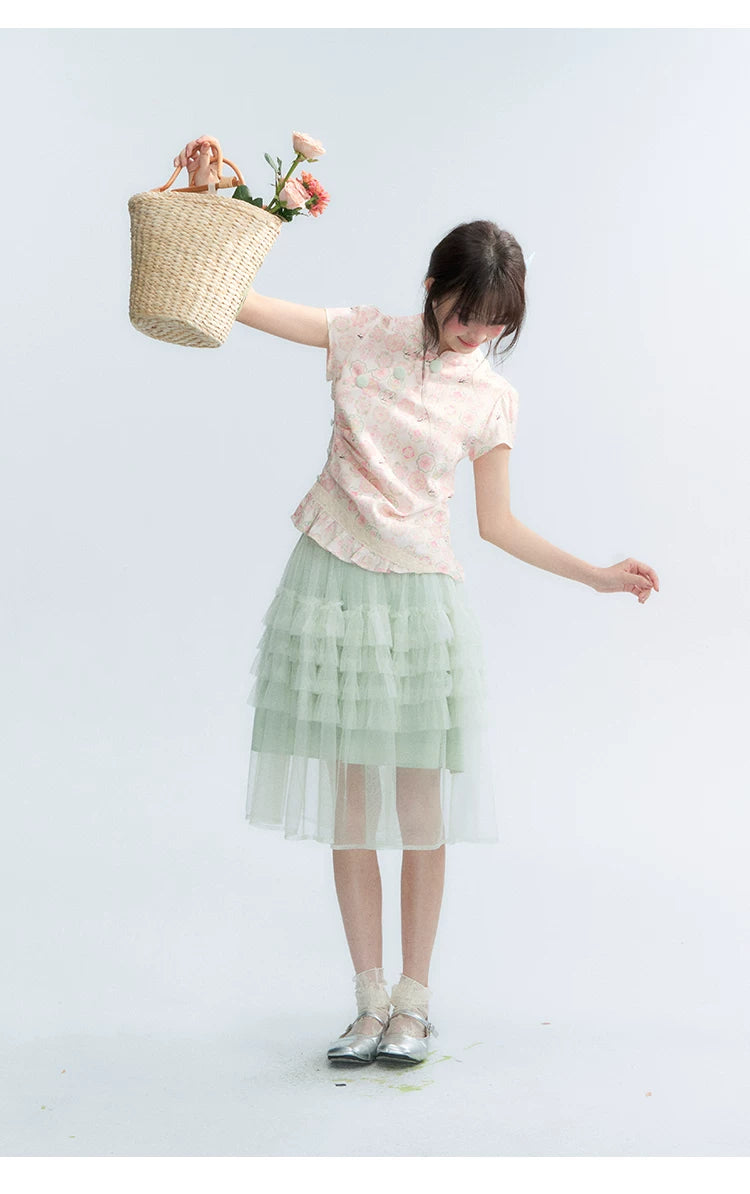 "Lime Mille-Feuille Glow" Peach Mist Chinese-Inspired Short Sleeve Top & Lime Green Tulle Tiered Skirt Set