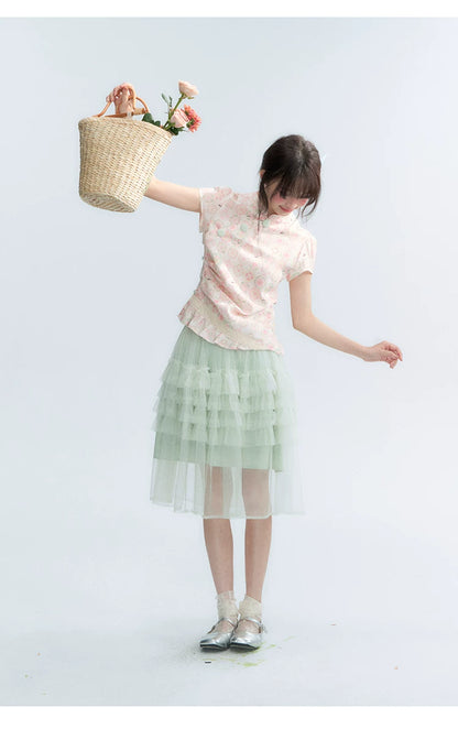 "Lime Mille-Feuille Glow" Peach Mist Chinese-Inspired Short Sleeve Top & Lime Green Tulle Tiered Skirt Set