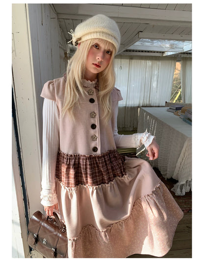 RF - Dusty Pink Patchwork Sleeveless A-Line Dress with Star Buttons