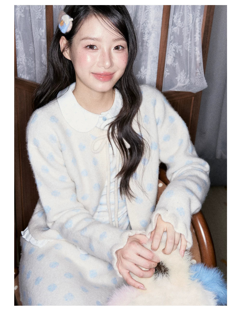 [RF] Ice Blue Polka Dot Knit Cardigan & Midi Skirt Set