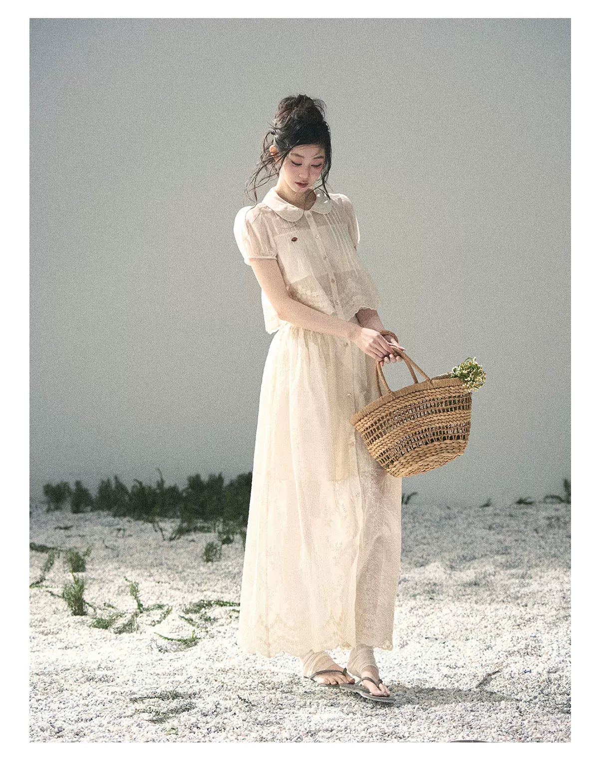 "Apricot Blossom After Rain" Dutch Cheese Lace Blouse & Maxi Skirt Set 532453