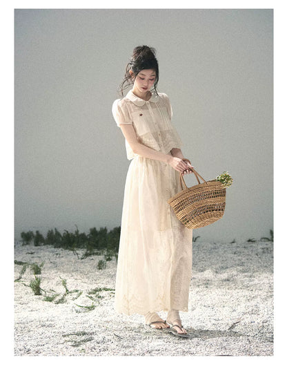 "Apricot Blossom After Rain" Dutch Cheese Lace Blouse & Maxi Skirt Set 532453