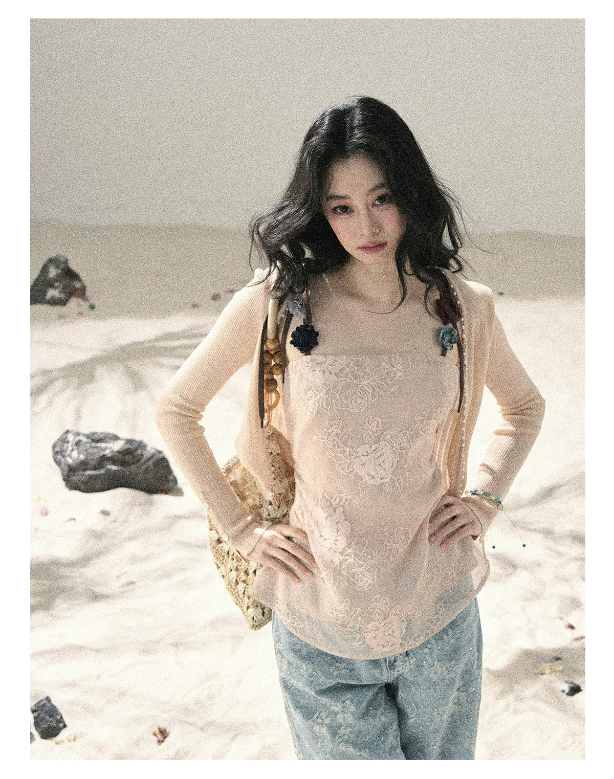 "Begonia in the Evening Breeze" Lotus Pink Embroidered Floral Cami Top