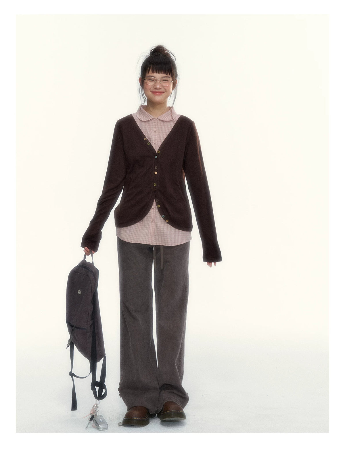 “Chestnut Book Knit” Red Brown Faux-Layered Colorful Button Cardigan