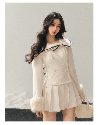少也眼 "Silent Confession" Apricot Preppy Pleated Mini Dress