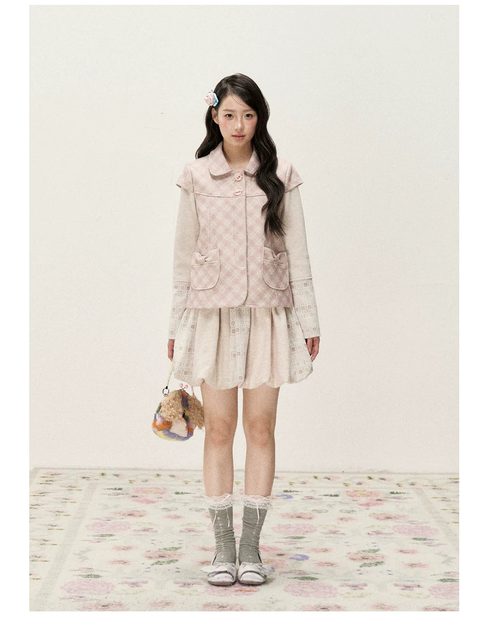 [RF] Vintage Floral Patchwork Knit Bubble Skirt in Blush Pink