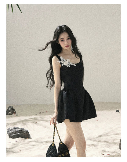 "Wisteria Climbing the Vines" Black Iris Floral Lace Puff Mini Dress 7645