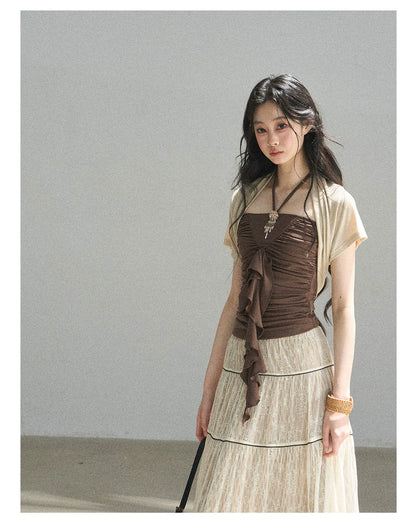 "In the Evening Breeze" Chestnut Brown Halter Ruched Top & Milk Tea Shrug Set