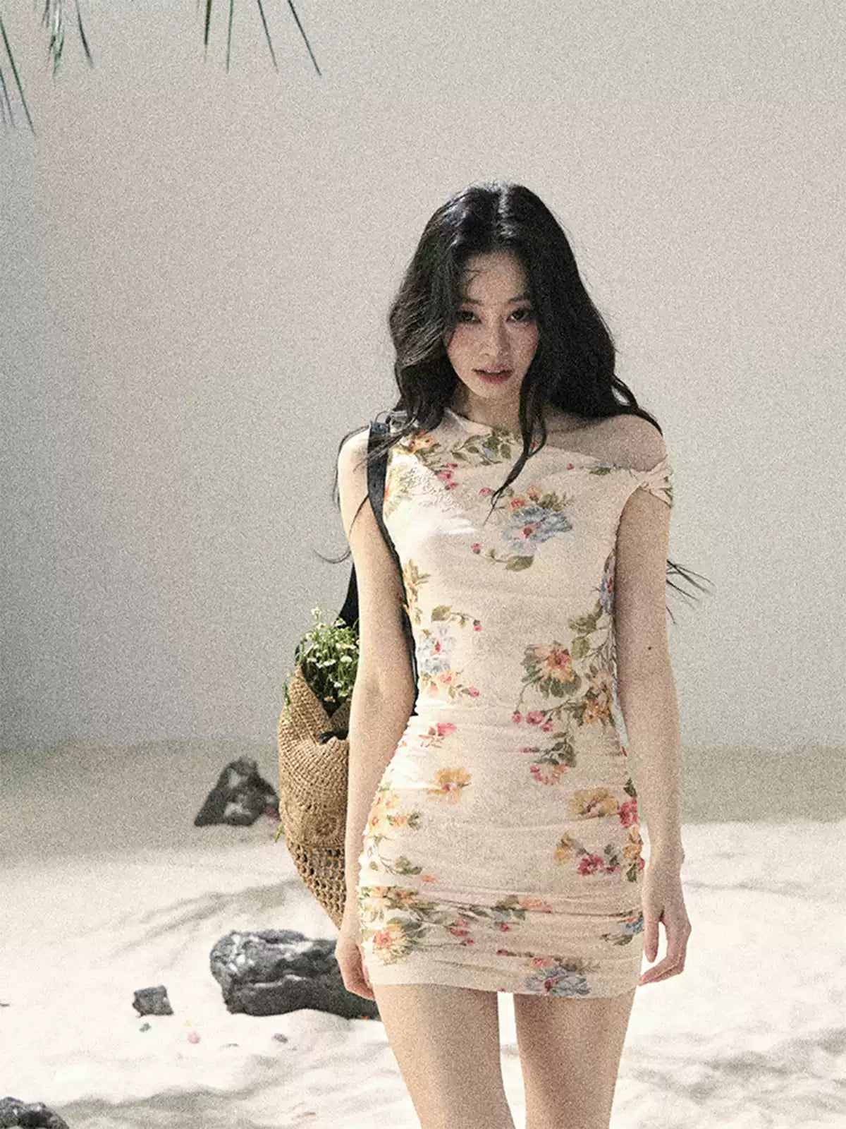 "Waiting for Blossoms" Dutch Cream Floral Ruched Mini Dress 43236